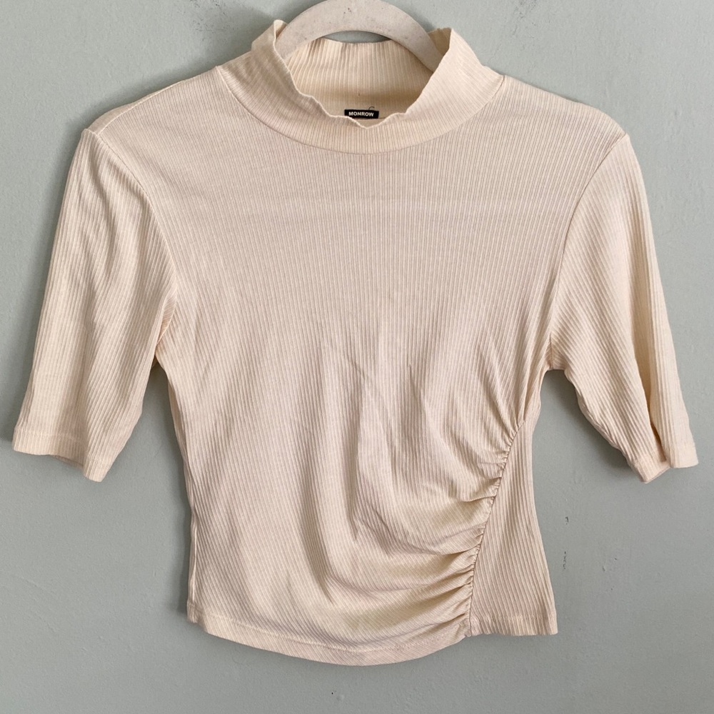 Monrow Women’s Cream Ribbed mock neck short sleeve Blouse Top Size Small